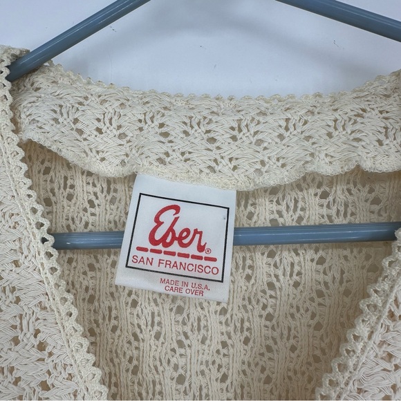 Eber San Francisco Cream Knit Crochet Short Sleeve Button Up Top Medium - Picture 4 of 6